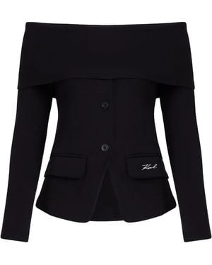 KARL LAGERFELD Off-Shoulder Buttoned Top - Black