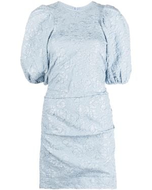 Ganni Floral-Jacquard Puff-Sleeve Dress - Blue