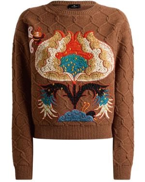 Etro Cable-Knit Floral-Embroidered Sweater - Brown