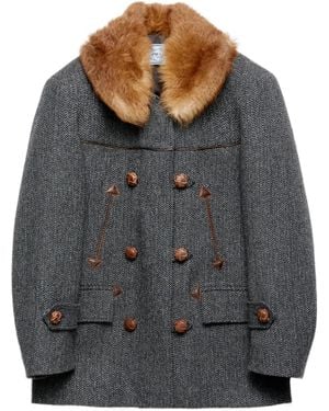 Prada Fischgräten-Mantel Mit Pelzkragen - Grau