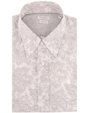 Brunello Cucinelli Paisley-Print Button-Down Cotton Shirt - White