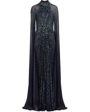 Jenny Packham Thea Embellished Cape Maxi Dress - Blue