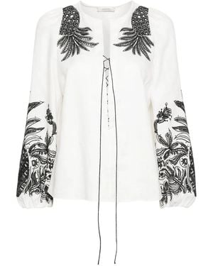 Dorothee Schumacher Pineapple Embroidery Lace-Up Linen Blouse - White