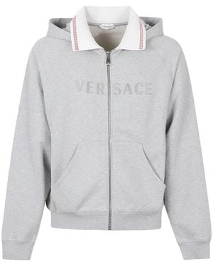 Versace Greca-Detail Logo-Embroidered Hoodie - Gray