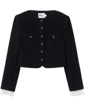 Self-Portrait Lace-Trimmed Button-Up Cropped Jacket - Black