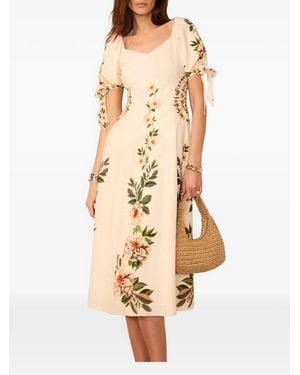 Mint Velvet Floral-Print Puff-Sleeve Midi Dress - Natural