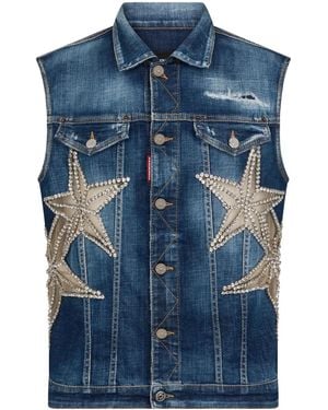DSquared² Star-Appliqué Embellished Denim Vest - Blue
