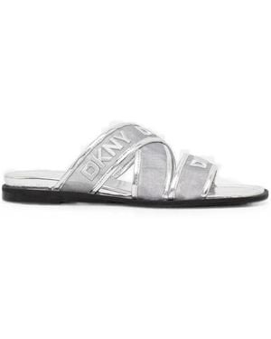 DKNY Cerelia Logo-Embroidered Crossover-Strap Slides - White