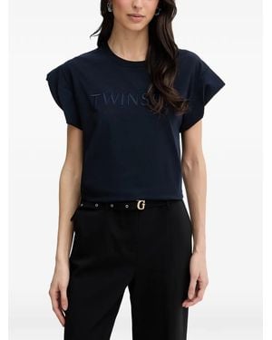 Twinset Logo-Embroidered Cap-Sleeve T-Shirt - Black