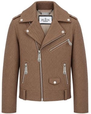Philipp Plein Veste De Moto En Cuir Tressé - Brown