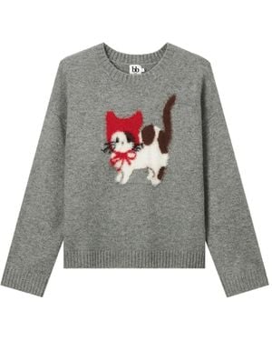 B+ AB Cat-Intarsia Drop-Shoulder Sweater - Grey