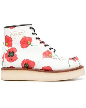 KENZO Yama Poppy Print Leather Lace-up Boots - Pink