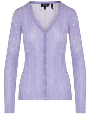 Theory Ribbed-Knit V-Neck Cardigan - Purple