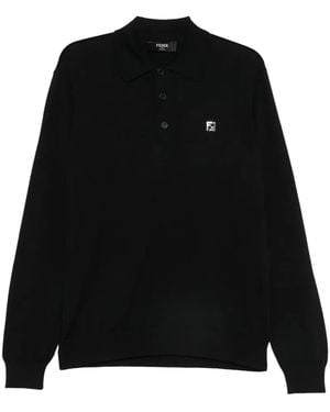 Fendi Long-Sleeve Ff-Plaque Polo Shirt - Black