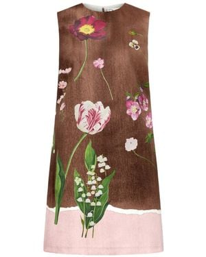 Oscar de la Renta Botanical-Print Shift Mini Dress - Brown