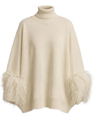 Alberta Ferretti Feather-Trim Roll-Neck Sweater - Natural