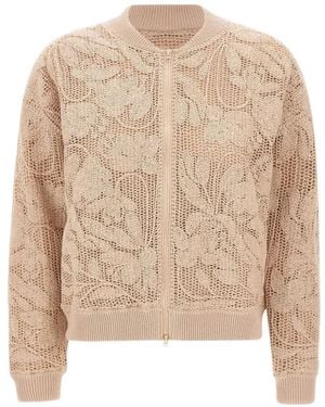 Kangra Floral Embroidery Zip Bomber Jacket - Natural