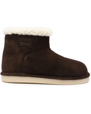Miu Miu Logo-Embossed Shearling-Trim Boots - Brown