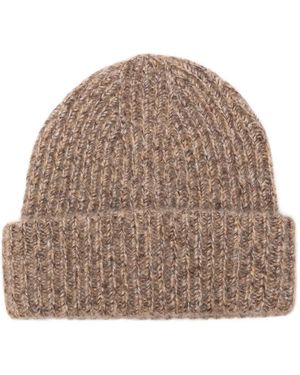 Soft Goat Ribbed-Knit Beanie Hat - Brown