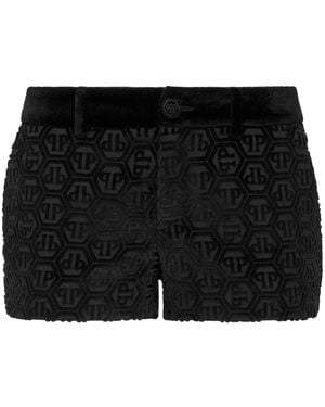 Philipp Plein Monogram-pattern Velvet Mini Shorts - Black