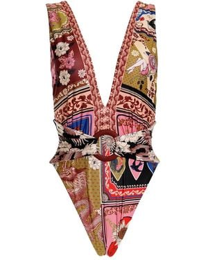 Agua Bendita V-Neck Patchwork-Print Belted Swimsuit - Red