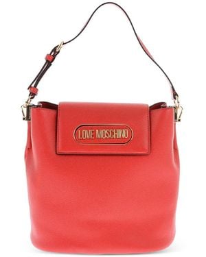 Moschino Pebbled Logo-Plaque Bucket Bag - Red