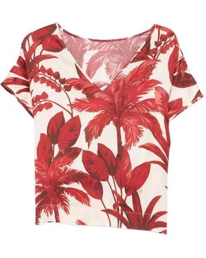 Clips Palm-Tree-Print V-Neck Top - Red
