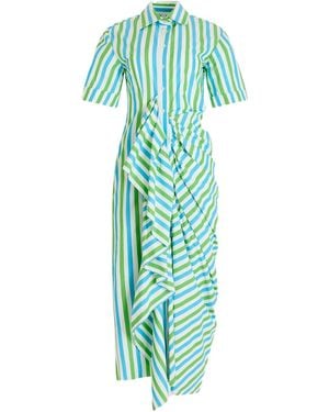Rosie Assoulin Gathered-Ruffle Striped Midi Shirt Dress - Green