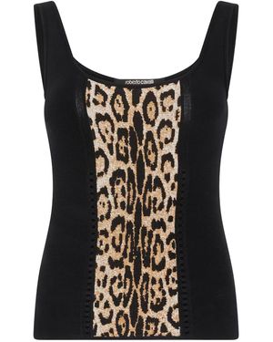 Roberto Cavalli Jaguar-Print Panelled Top - Black