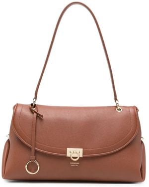 Ferragamo Gancini Pebbled Leather Tote Bag - Brown