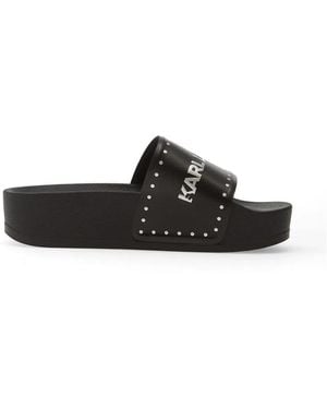 KARL LAGERFELD Studded Logo-Print Slides - Black