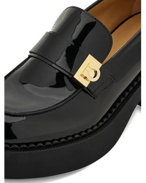 Ferragamo Gancini Patent-Leather Loafers - Black