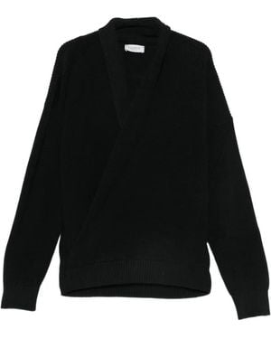 Laneus Ribbed Wrap-Front Sweater - Black