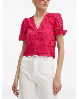 Morgan Oria Floral-Lace V-Neck Top - Red