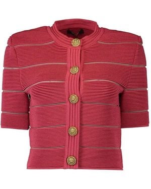 Balmain Stripe Short Sleeve Cardigan - Red