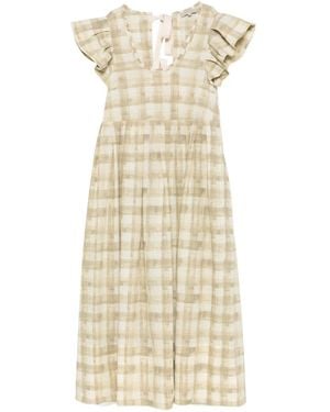 Lee Mathews Check-Pattern Ruffled-Sleeve Maxi Dress - White
