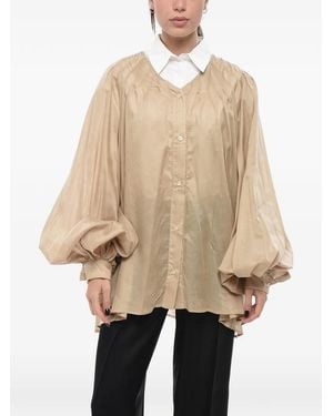 Thelatest Balloon-Sleeves V-Neck Shirt - Natural