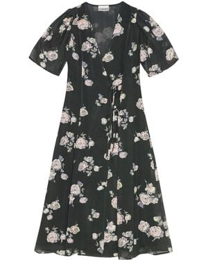 Ganni Floral-Print Crepe Wrap Midi Dress - Black