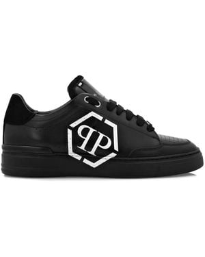 Philipp Plein Lo-Top Leather Trainers Hexagon - Black