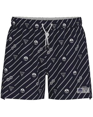Guess X North Sails Rope-Motif Logo-Print Swim Shorts - Blue