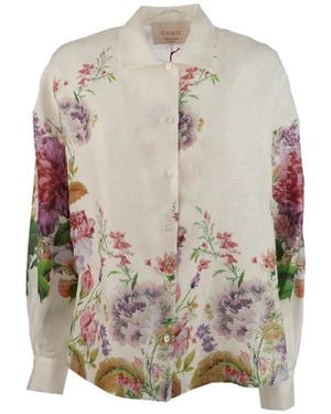 Co.Go Floral-Print Linen Shirt - Gray
