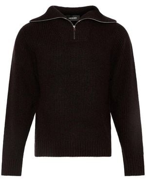 Yves Salomon Dark Wool And Cashmere Knit Pullover With A Convertible Collar - Black