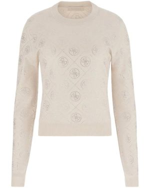 Guess Rhinestone-Embellished Logo-Pattern Sweater - White