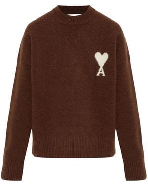 Ami Paris Crewneck Alpaca Sweater With Ami De Coeur - Brown