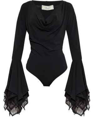 Blumarine Lace-Trimmed Bell-Sleeve Bodysuit - Black