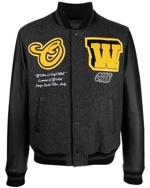 Off-White c/o Virgil Abloh Off- Varsity Cat Leather Jacket, Long Sleeves, /, 100% Leather - Grey