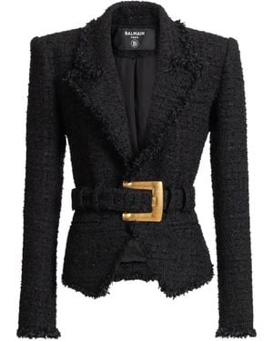 Balmain Chaqueta De Tweed Con Cinturón - Negro