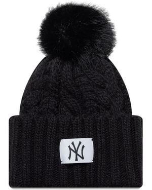KTZ New York Yankees Cable-Knit Pompom Beanie Hat - Black