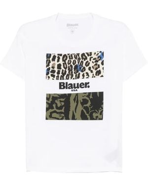 Blauer Leopard-Print Camouflage-Print T-Shirt - White