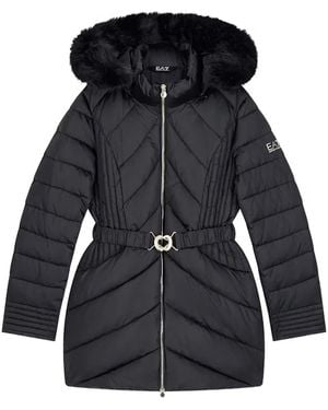 EA7 Belted Faux-Fur Trim Padded Coat - Black